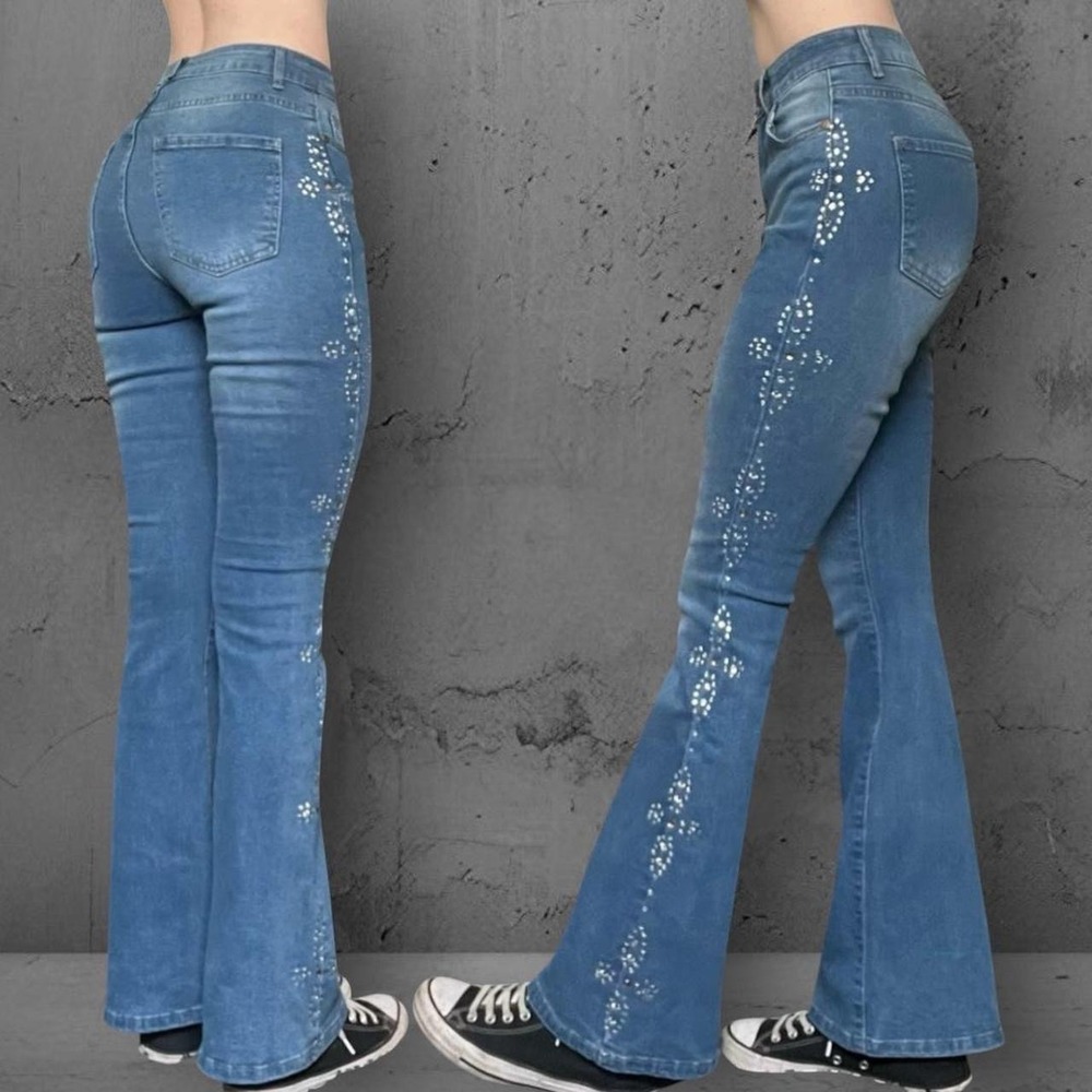Y2K Bamboo Jeans Bedazzled Flare 7 Blue Hi-Rise Stretch Rhinestone Boho Western